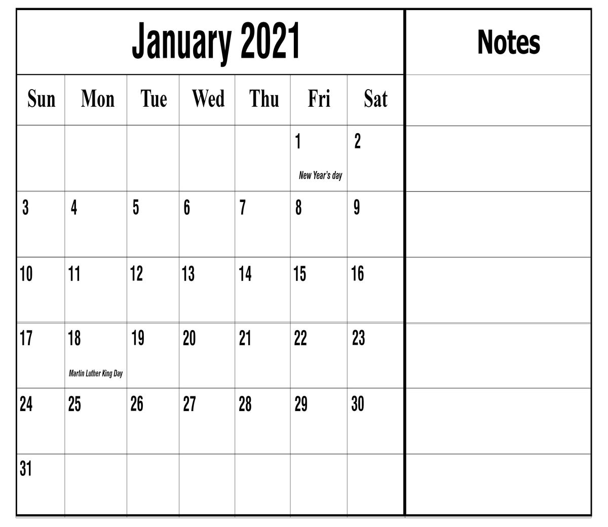 Printable January 2021 Calendar Template Download Now