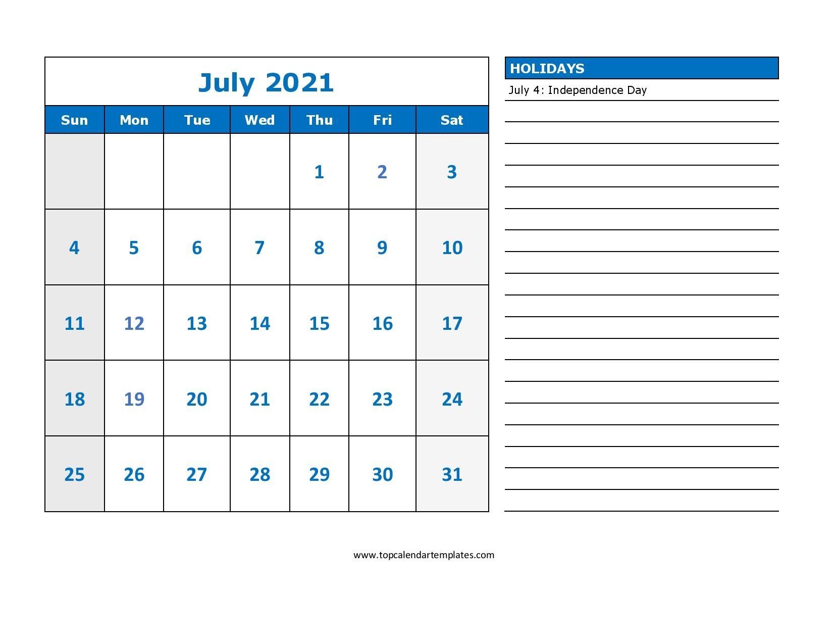 Printable July 2021 Calendar Template Pdf, Word, Excel