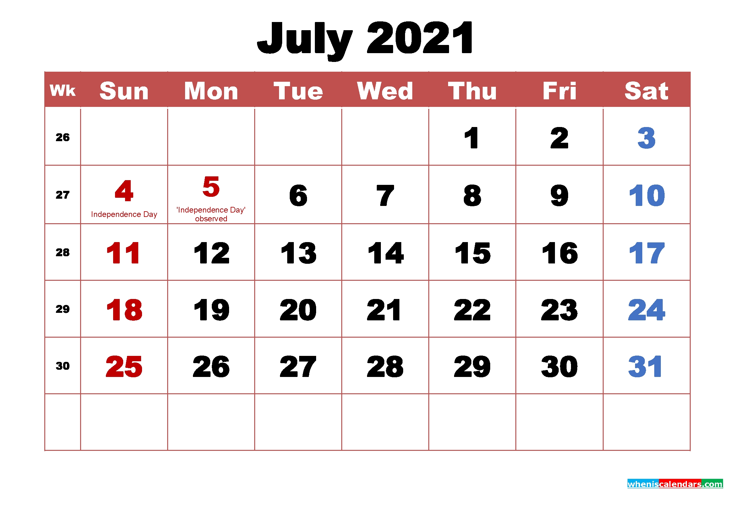 printable july 2021 calendar with holidays word, pdf