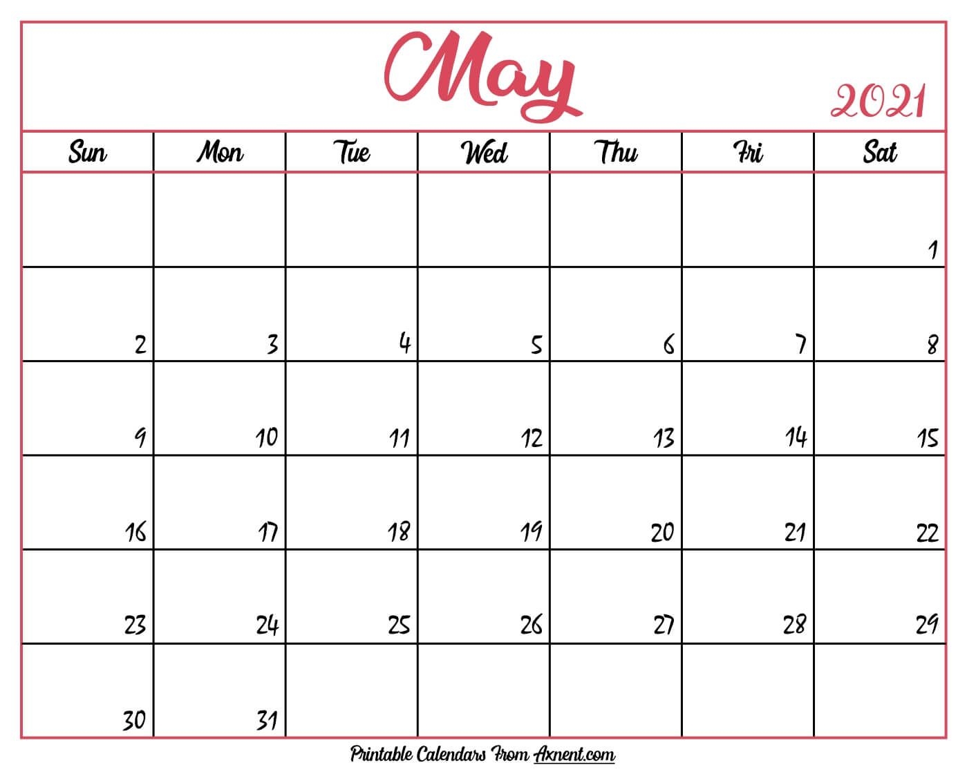 Printable May 2021 Calendar Template Print Now