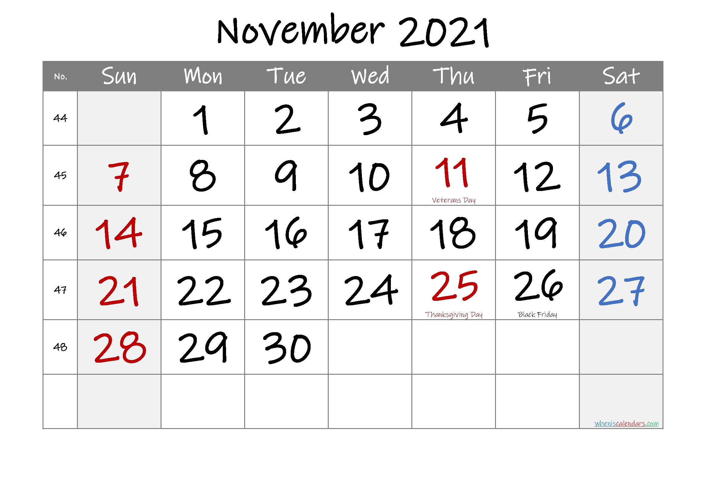 Printable November 2021 Calendar With Holidays