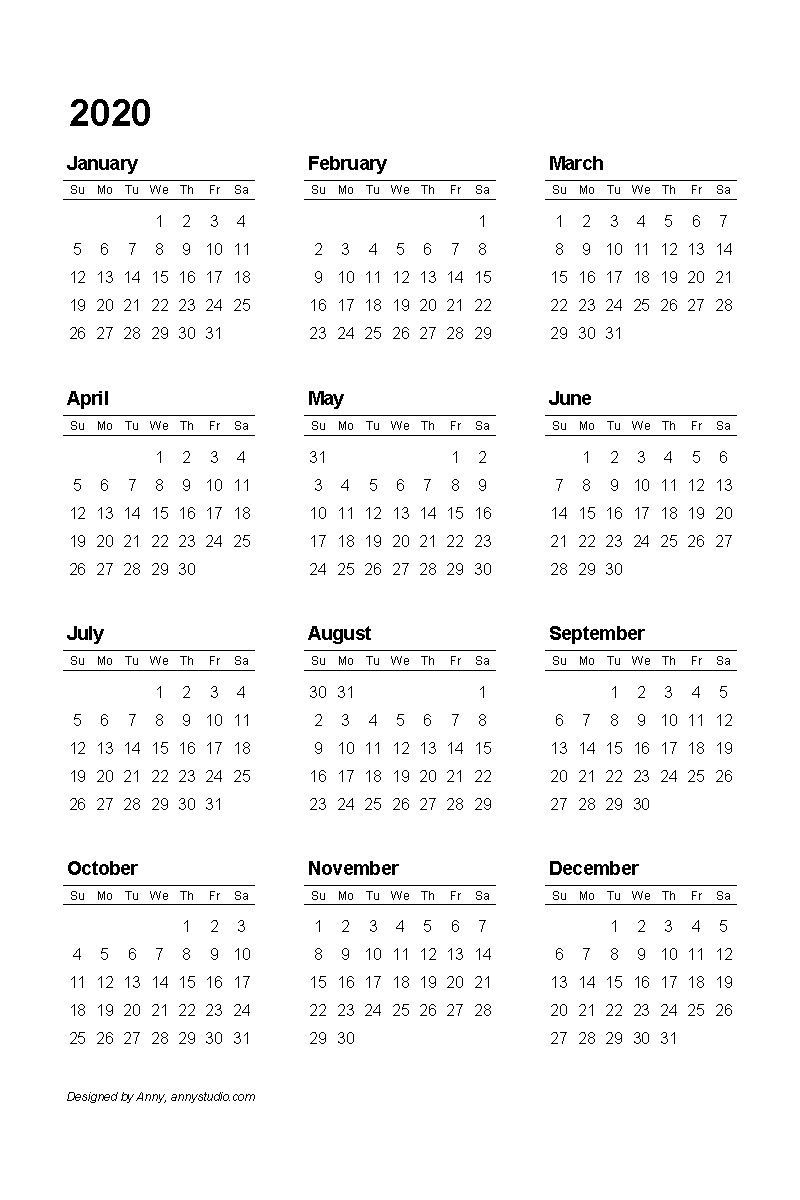 printable template for blank 2020 year at a glance
