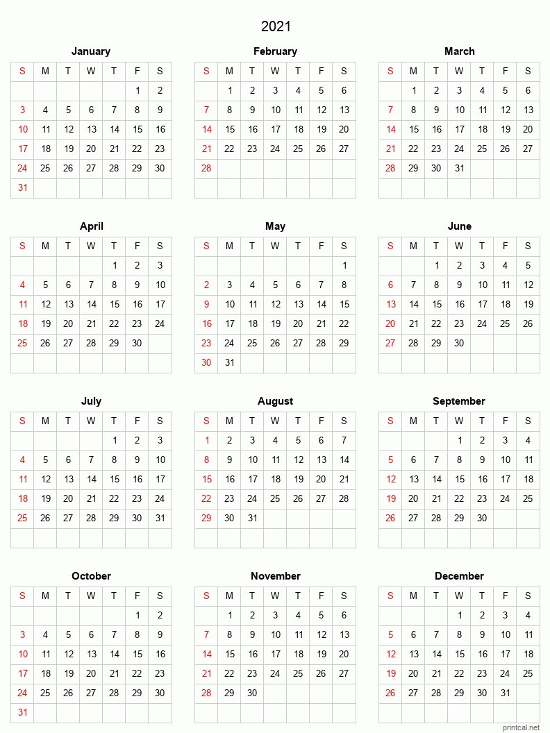 printable yearly calendar 2021, full year | free printable
