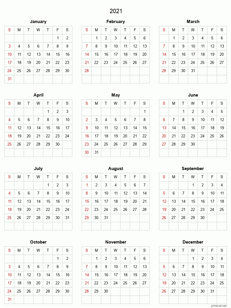 Printable Yearly Calendar 2021, Full Year | Free Printable