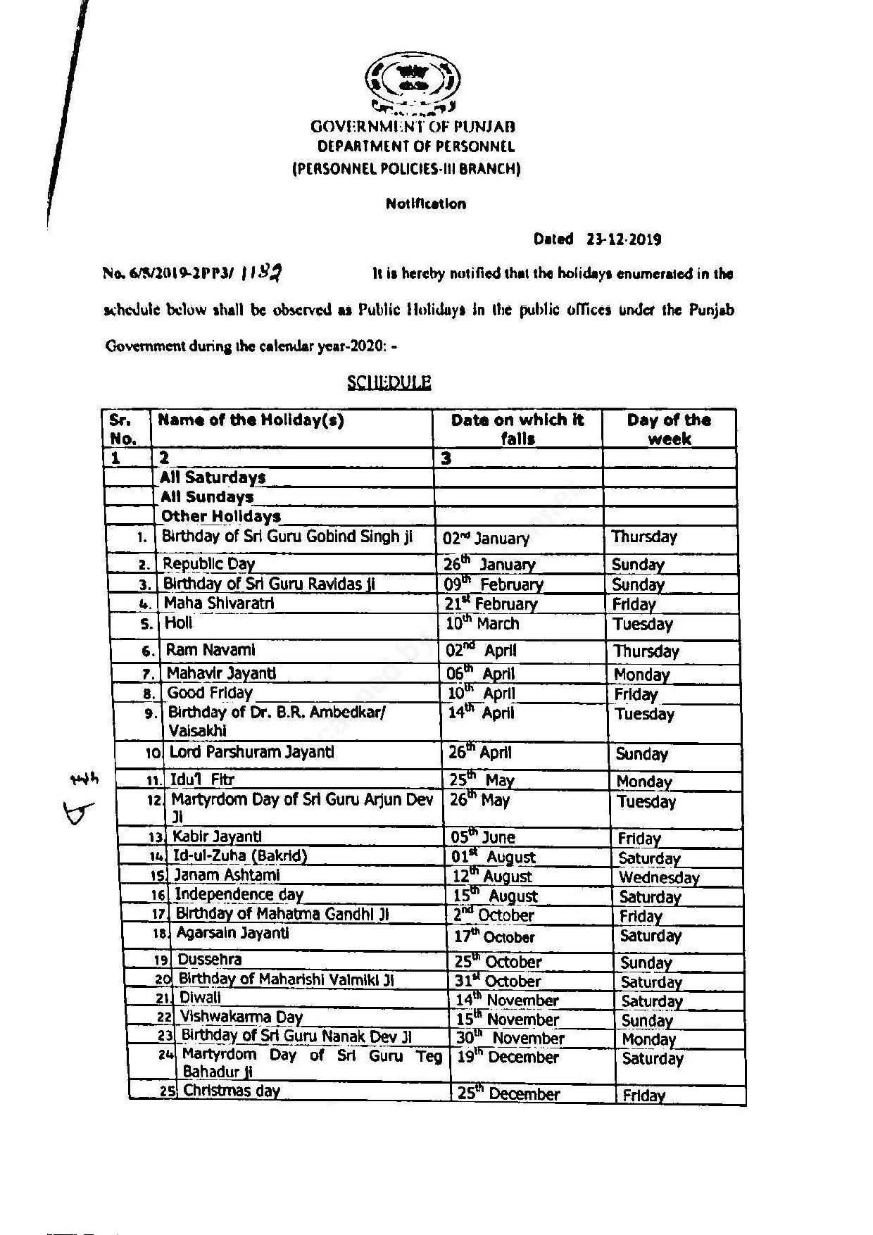 Punjab Govt Notified Gazetted, Restricted Holidays For