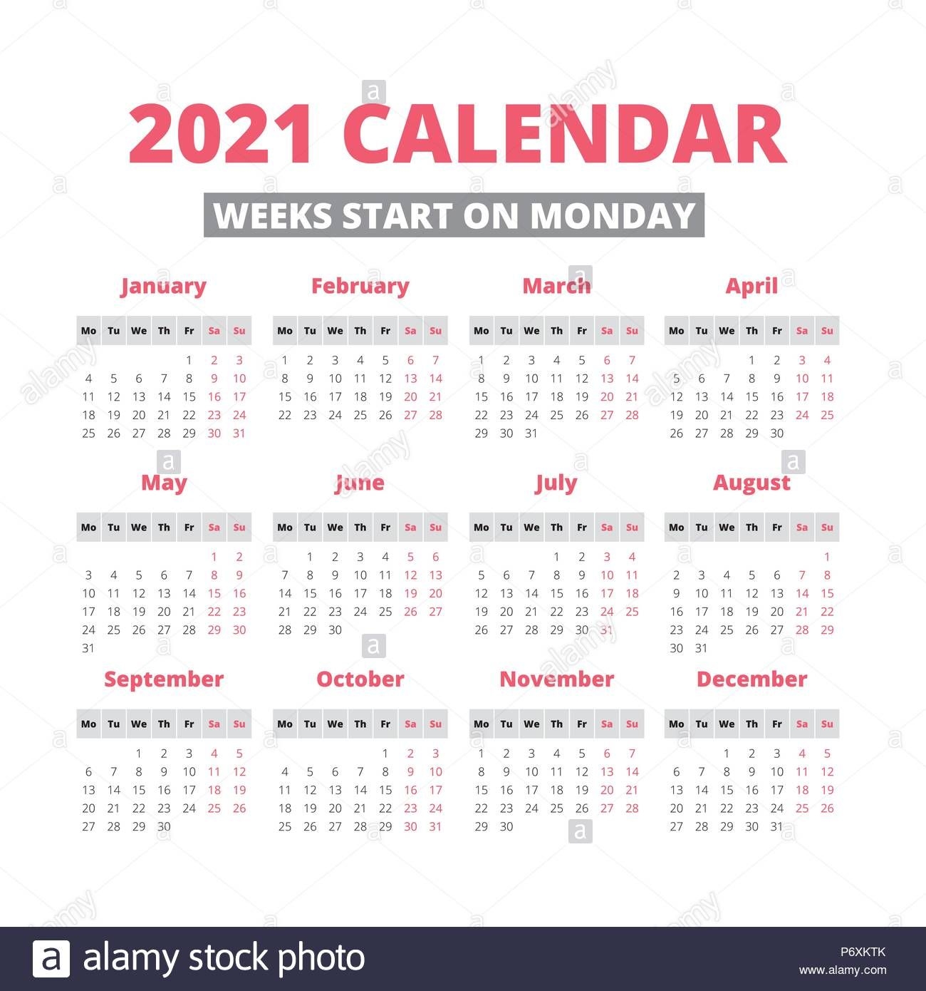 simple 2021 year calendar, week starts on monday stock