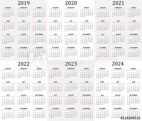 "six Year Calendar 2019, 2020, 2021, 2022, 2023 And 2024