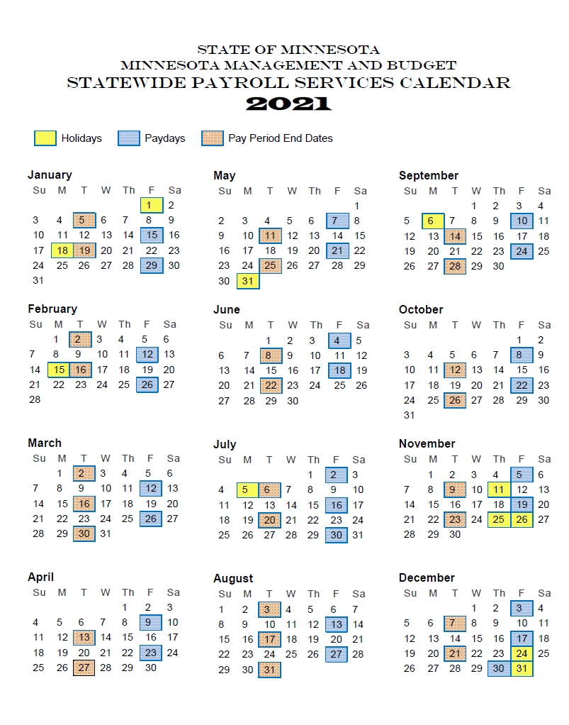 state of minnesota (mn) payroll calendar 2021 | payroll