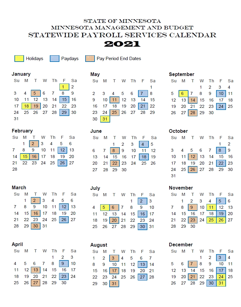 State Of Minnesota (mn) Payroll Calendar 2021 | Payroll