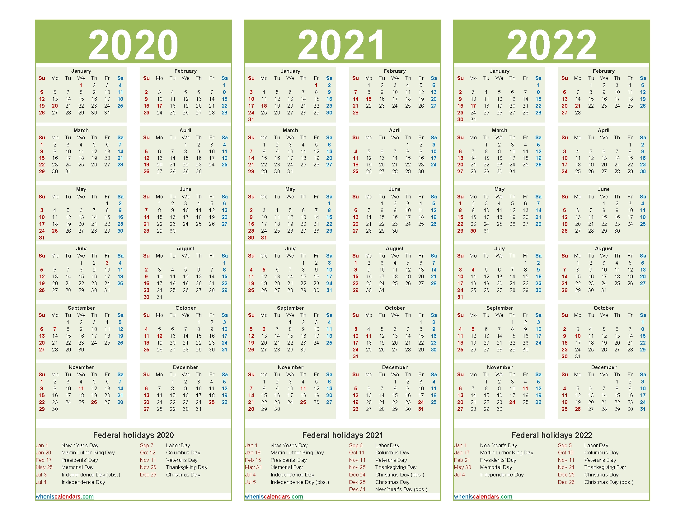 three year 2020 to 2022 calendar printable word, pdf