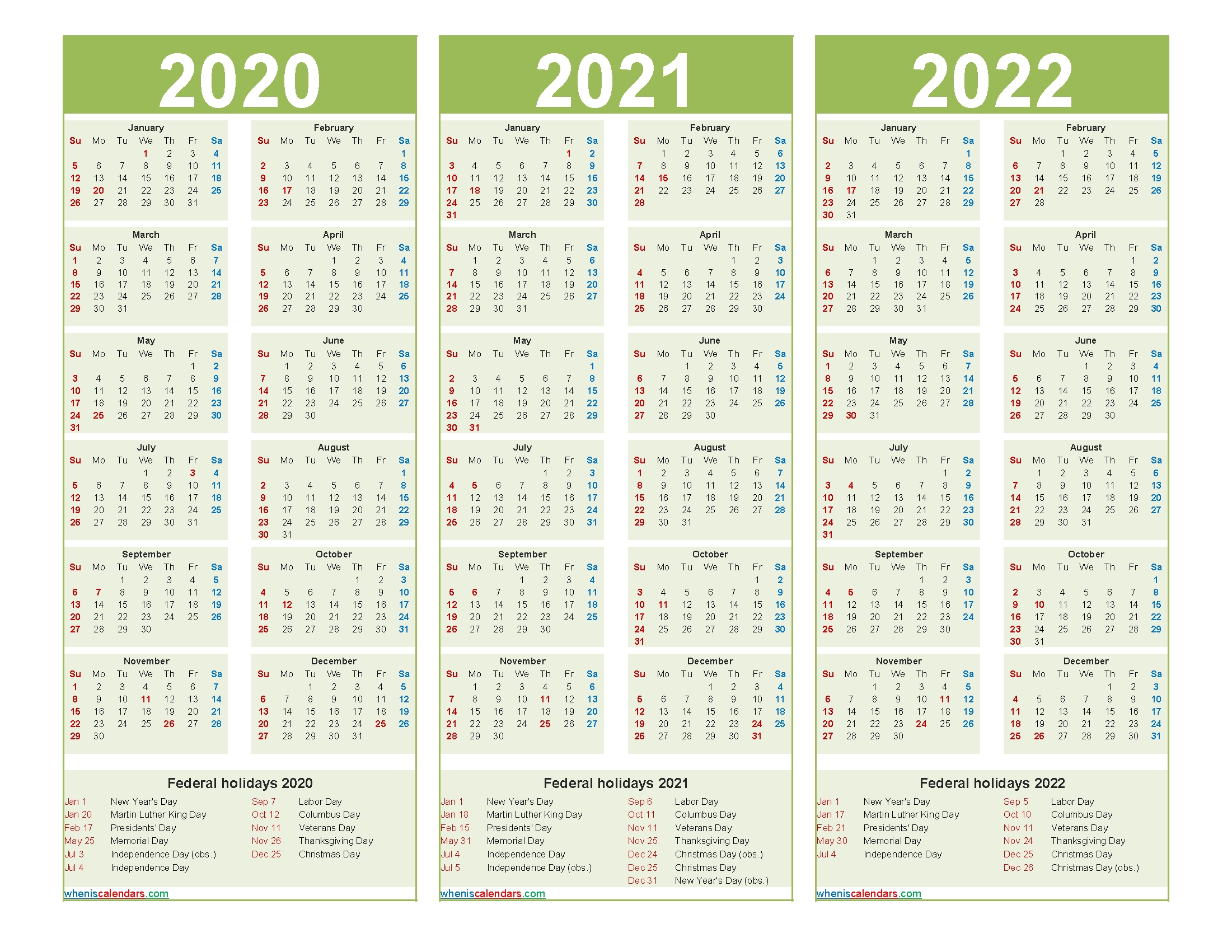 Three Year 2020 To 2022 Calendar Printable Word, Pdf