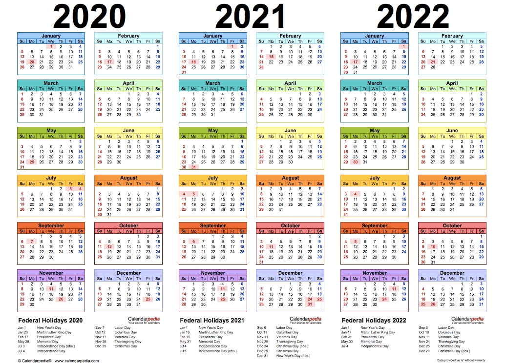 three year calendar 2020/ 2021/ 2022 (free printable