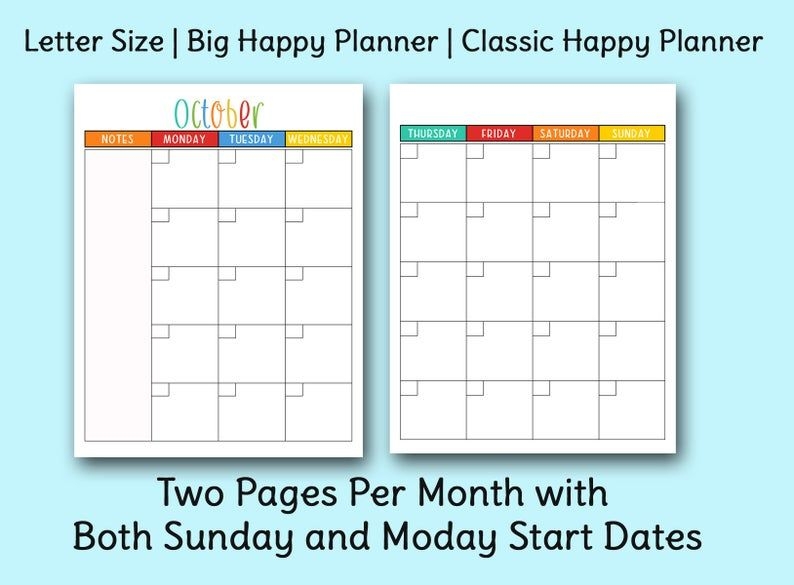 undated two page monthly sunday and monday start calendar