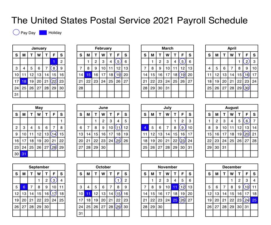 usps calendar 2021 payroll schedule for postal employees