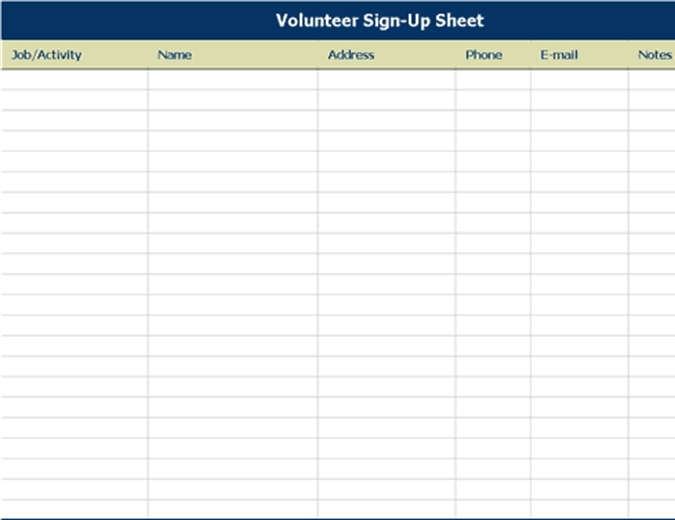 volunteer sign up sheet with notes