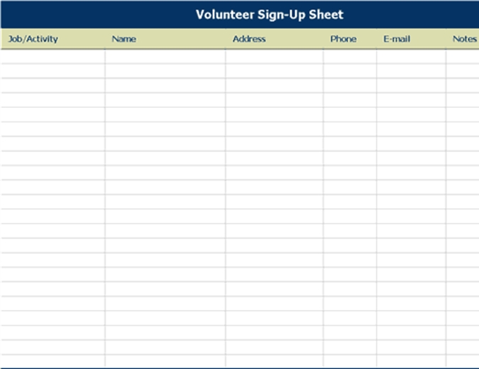 Volunteer Sign Up Sheet With Notes