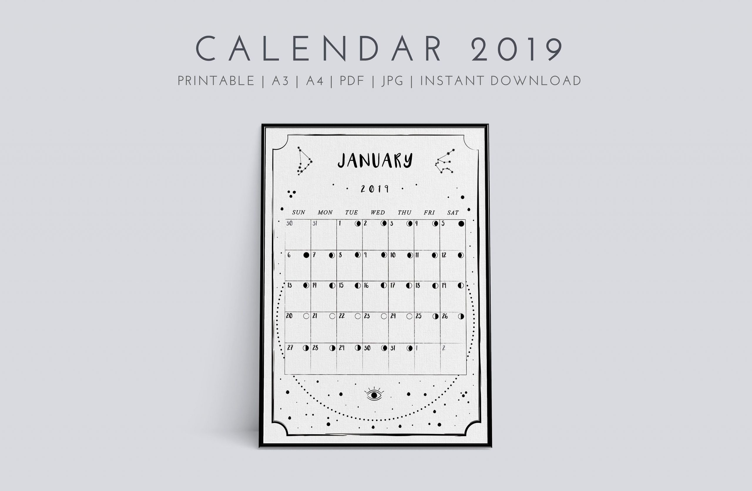wall printable calendar 2019 / zodiac / moon phase