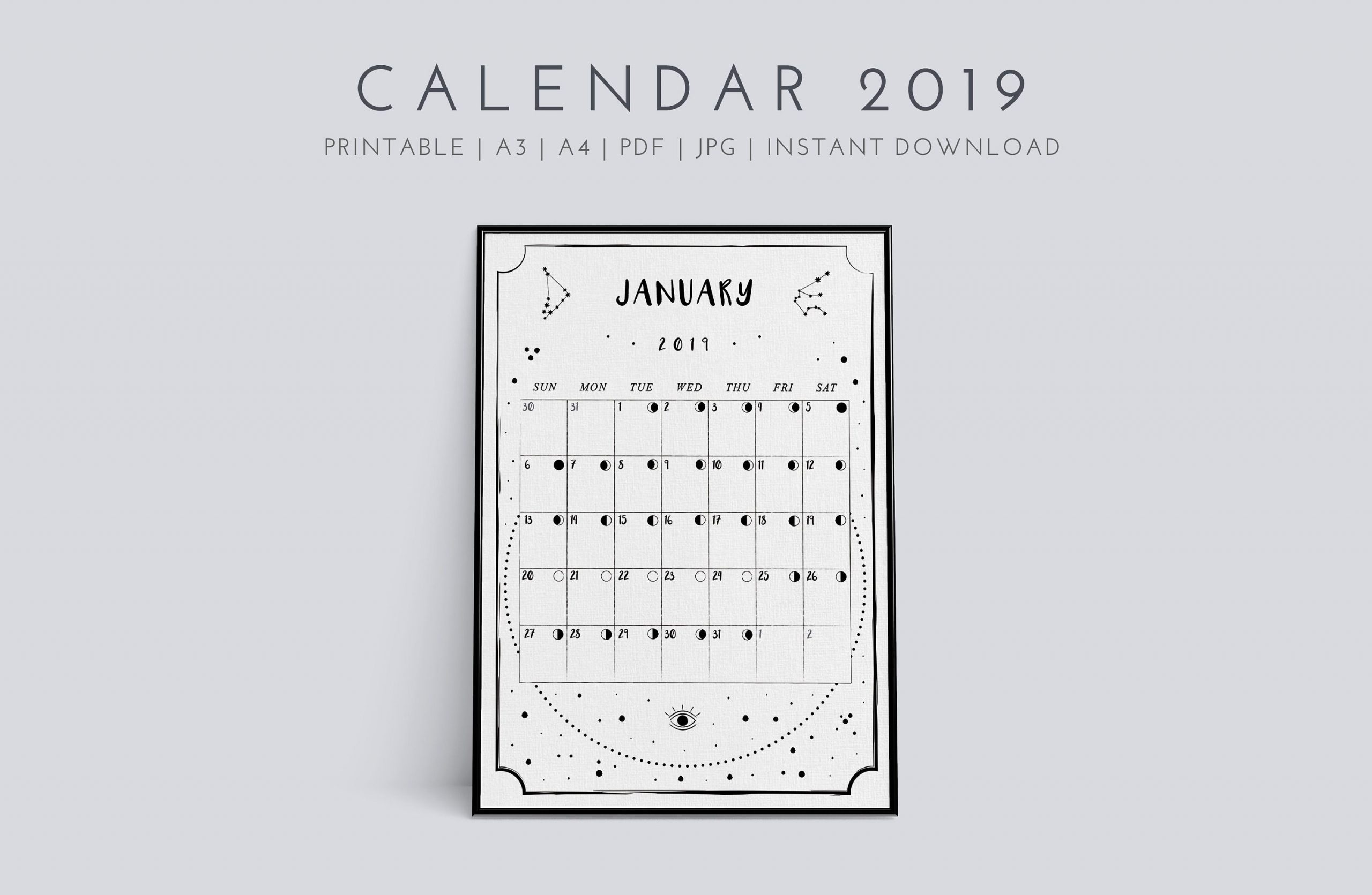 Wall Printable Calendar 2019 / Zodiac / Moon Phase