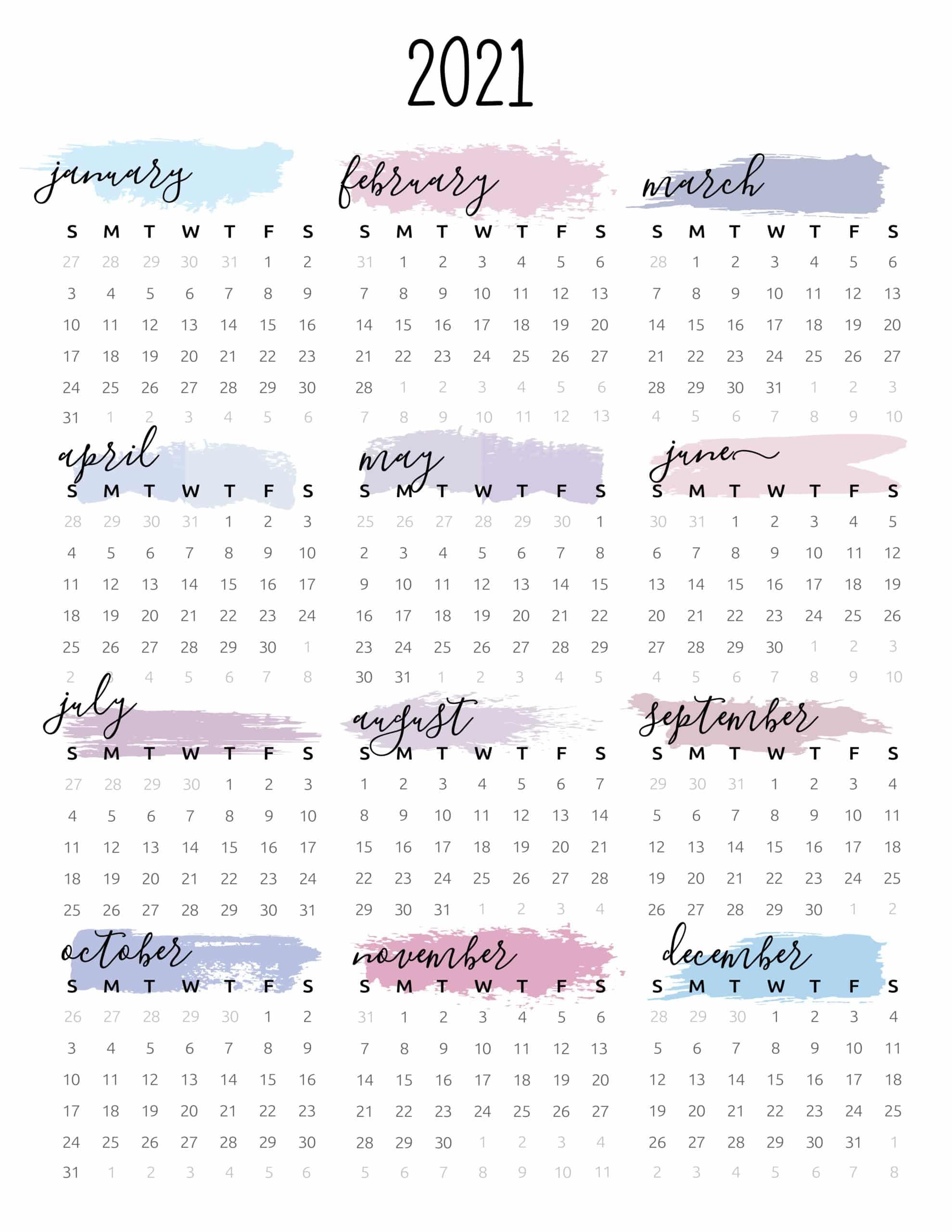 Watercolor One Page 2021 Calendar World Of Printables