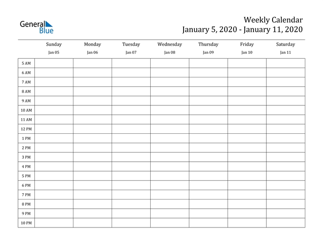 Weekly Calendar January 5, 2020 To January 11, 2020