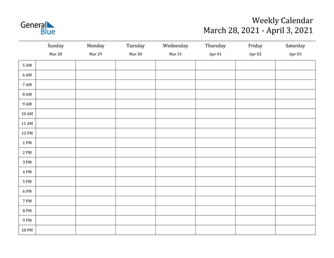 Weekly Calendar March 28, 2021 To April 3, 2021 (pdf