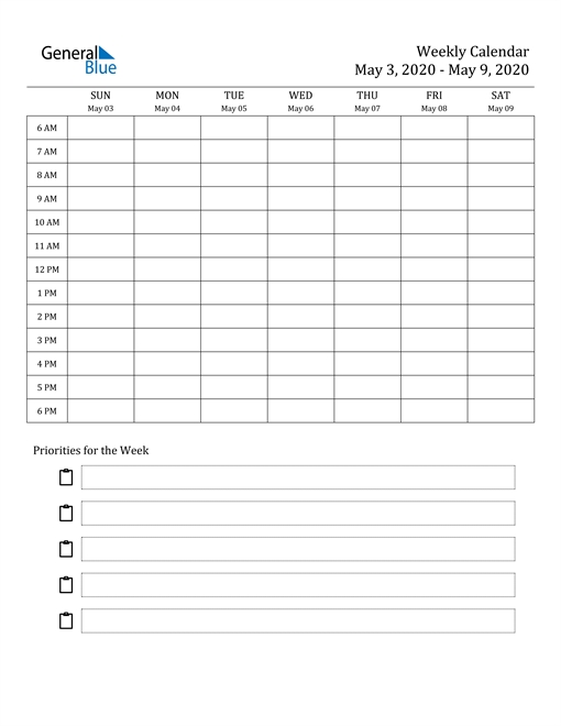 Weekly Calendar May 3, 2020 To May 9, 2020 (pdf, Word