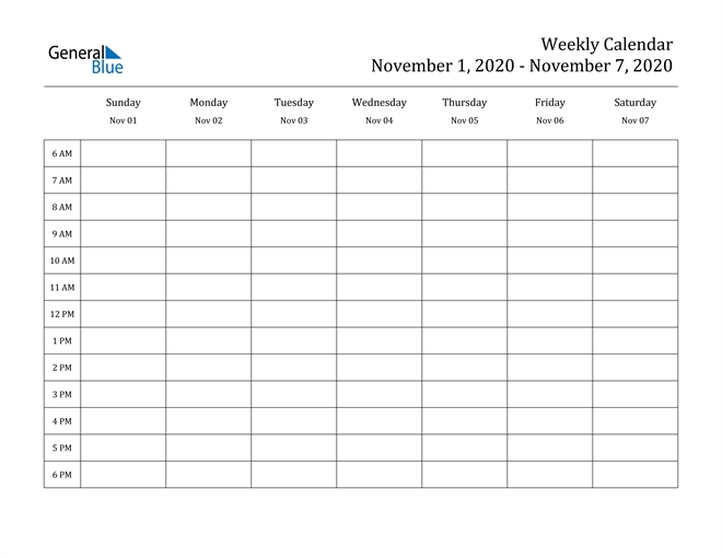 Weekly Calendar November 1, 2020 To November 7, 2020