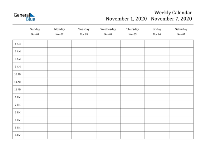 weekly calendar november 1, 2020 to november 7, 2020