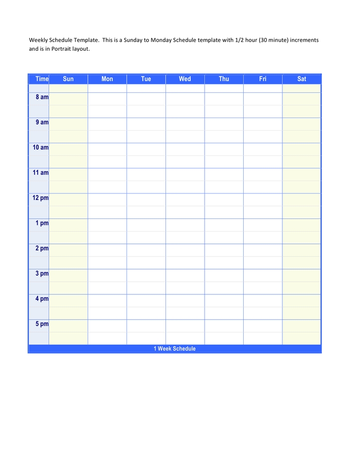 weekly schedule template with 30 minutes increment in word