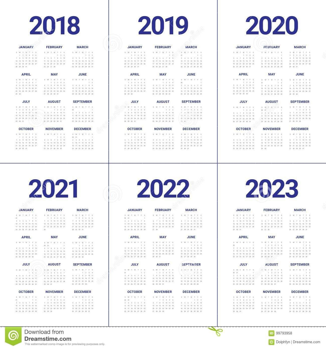 year 2018 2019 2020 2021 2022 2023 calendar vector stock