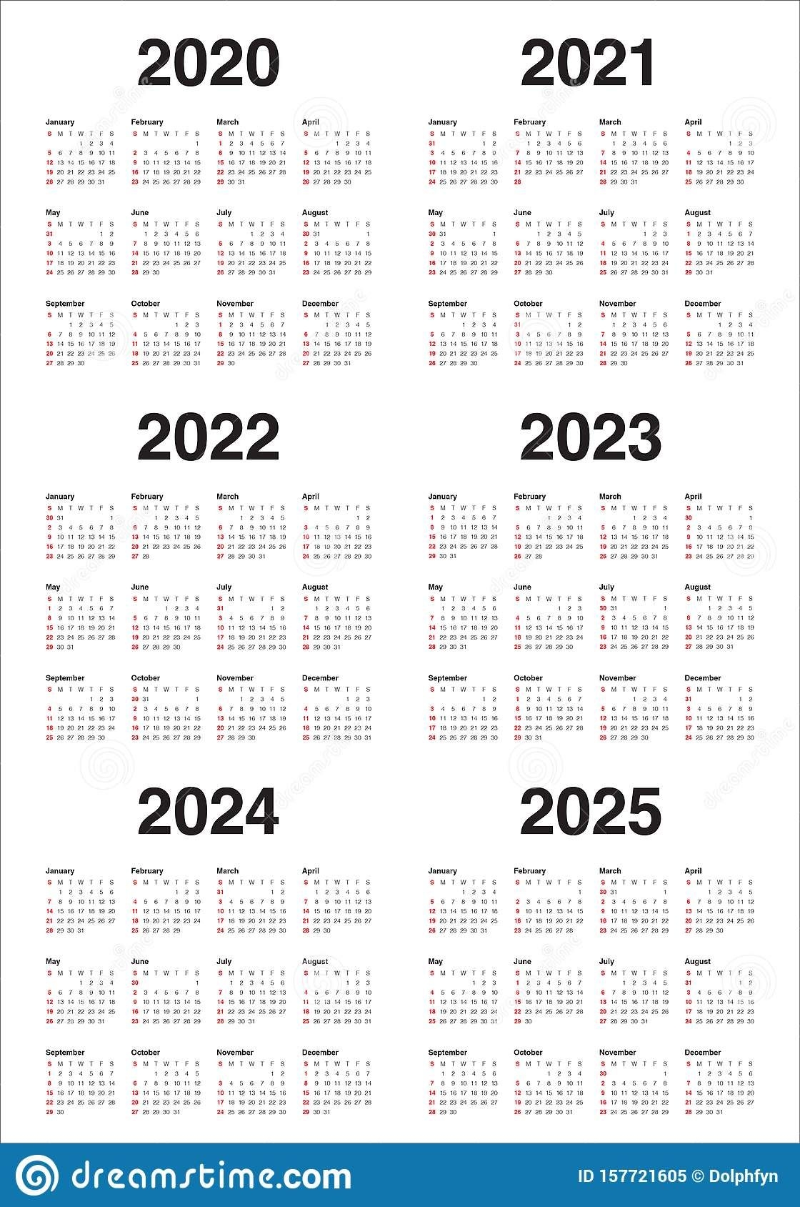 Year 2020 2021 2022 2023 2024 2025 Calendar Vector Design