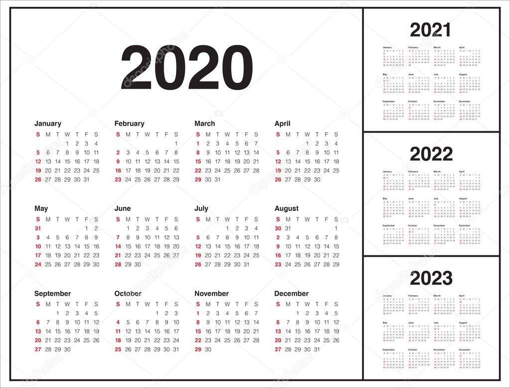 Year 2020 2021 2022 2023 Calendar Vector Design Template