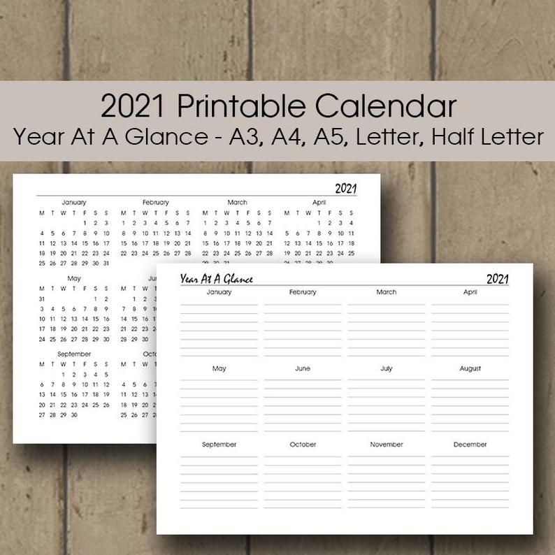 year at a glance 2021 calendar printable a3 a4 letter half