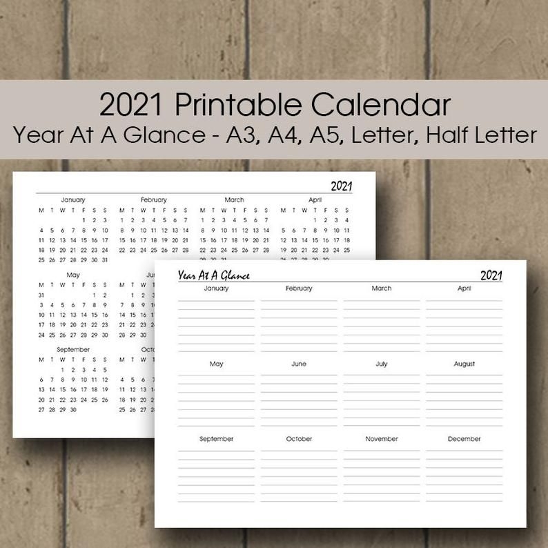 Year At A Glance 2021 Calendar Printable A3 A4 Letter Half