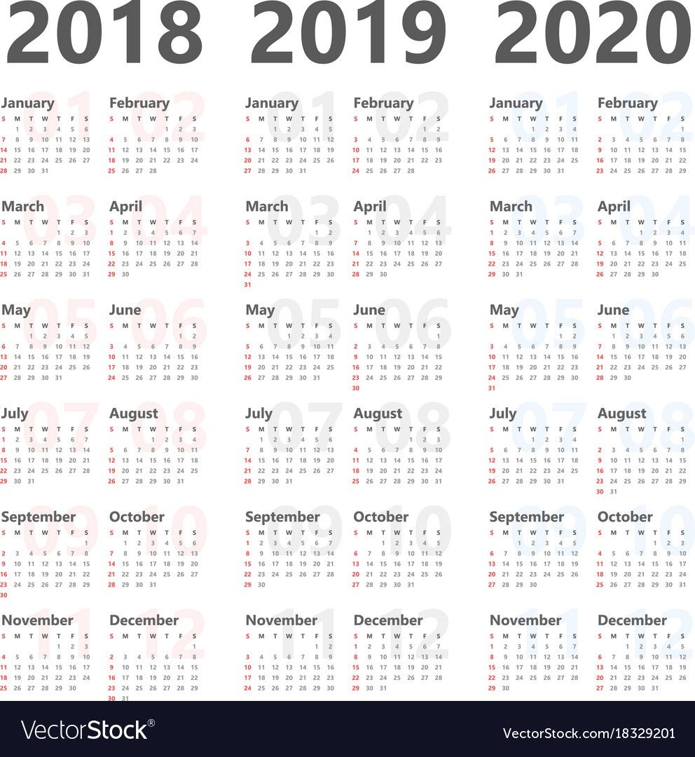 Yearly Calendar For Next 3 Years 2018 To 2020 Vector Image