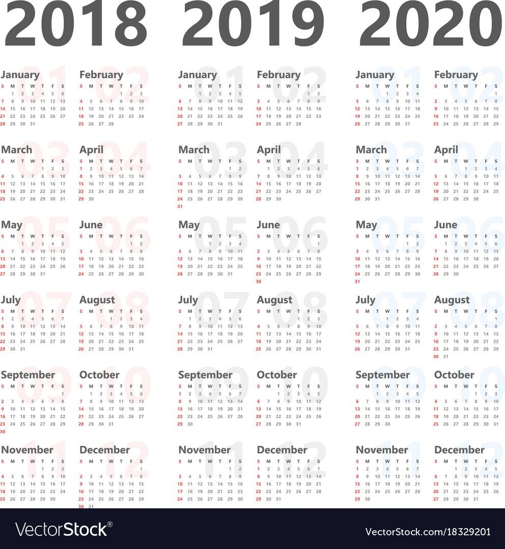 yearly calendar for next 3 years 2018 to 2020 vector image