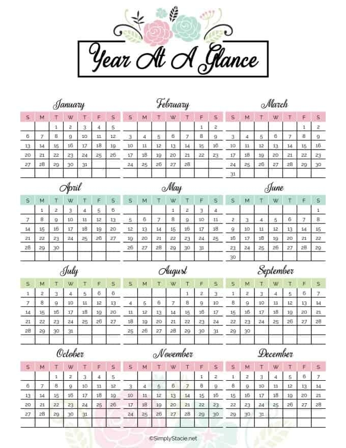 yearly calendar free printable