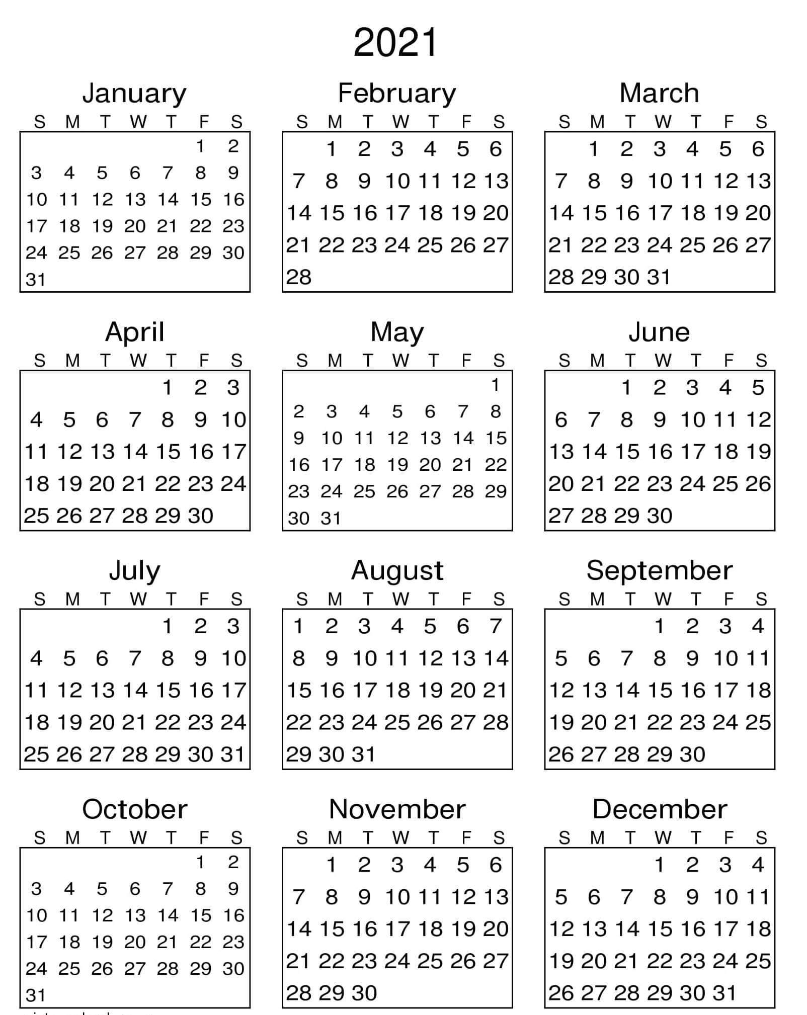 Free 2021 Calendar One Page Calendar Example Calendar Printable