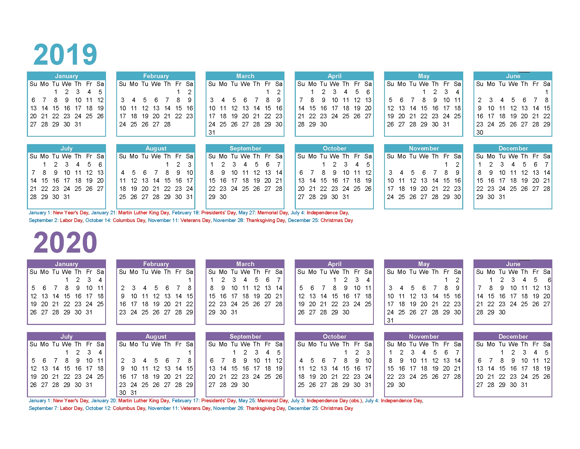2 year calendar printable 2019 2020 excel, pdf, image