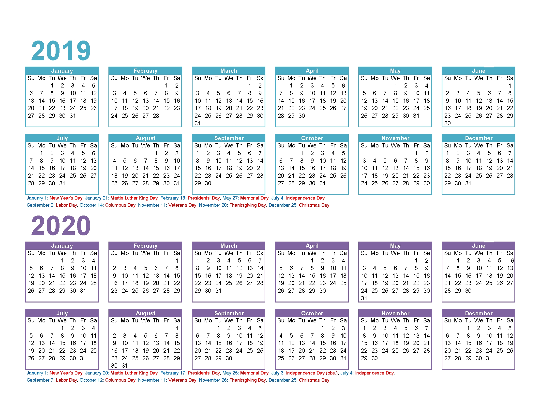 2 Year Calendar Printable 2019 2020 Excel, Pdf, Image