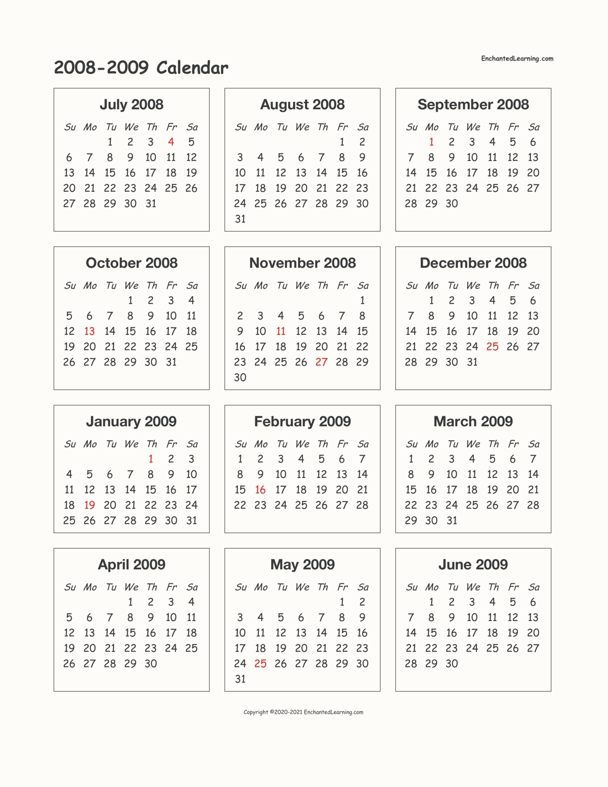 2008 2009 School Year One Page Calendar Enchanted Learning