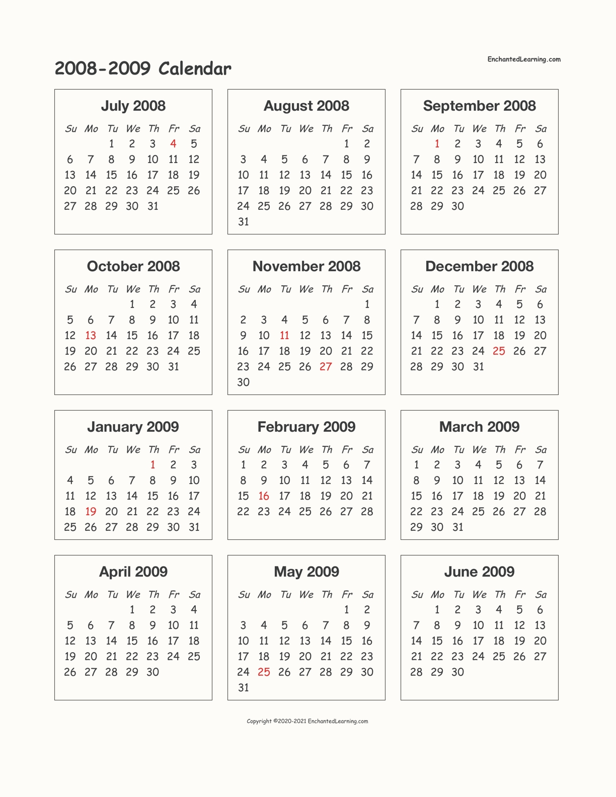 2008 2009 school year one page calendar enchanted learning