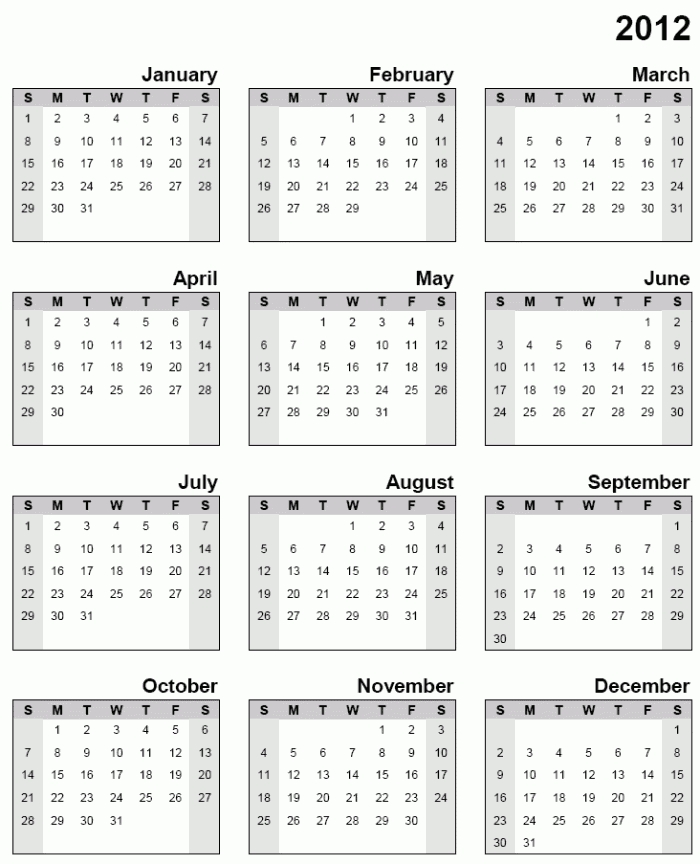 2012 Calendar Download Ready To Print, 12 Months In One