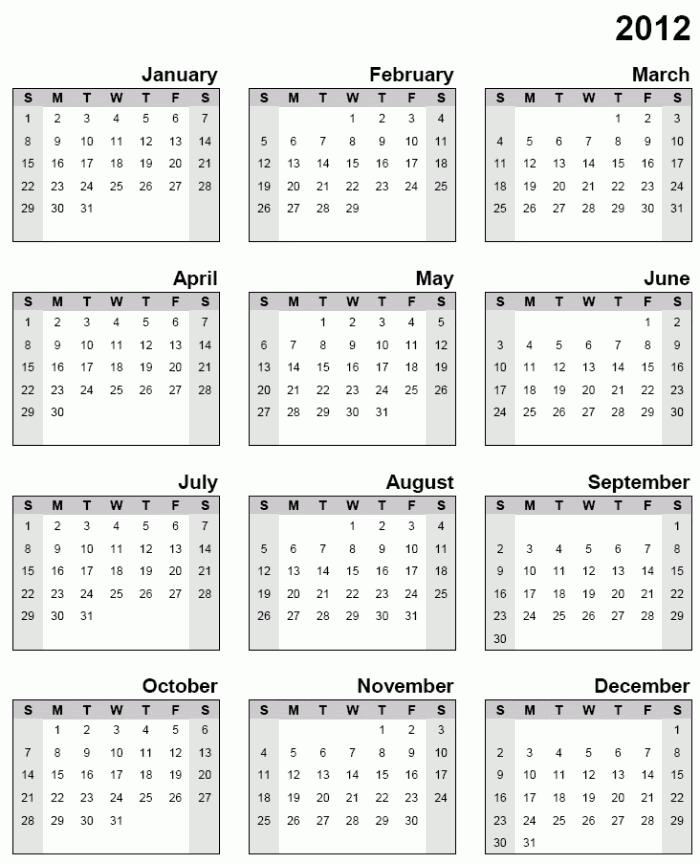 2012 calendar download ready to print, 12 months in one