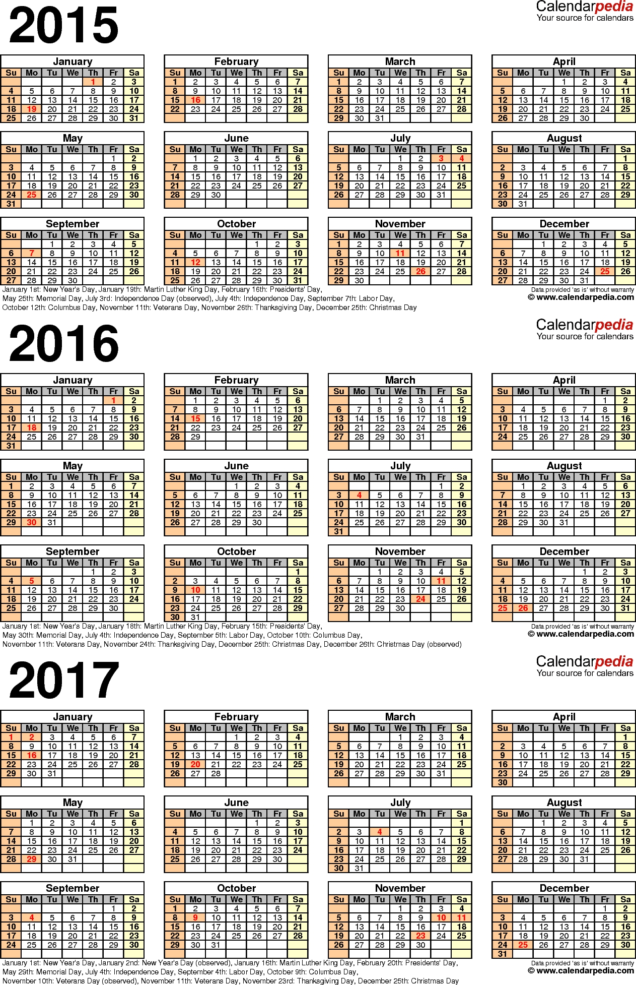 2015 2017 Three Year Calendar Free Printable Pdf Templates