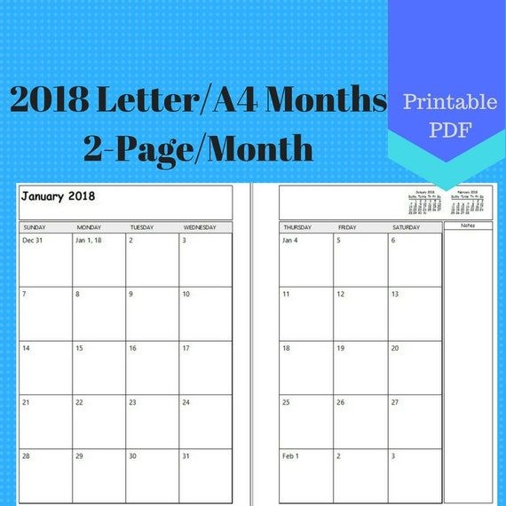 2018 Letter Size Two Page Per Month Monthly Calendar Pages