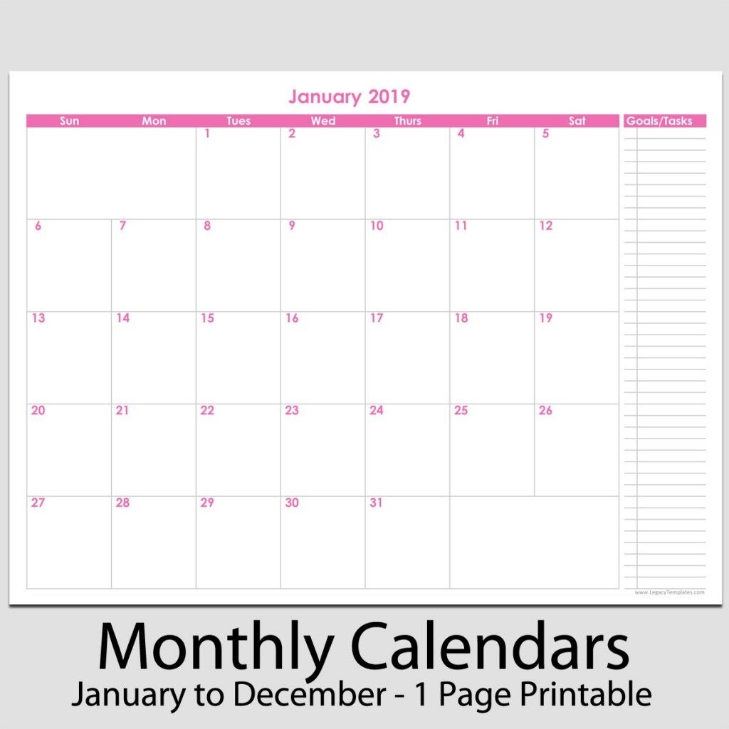 2019 12 Month Calendar With Tasks 8 1/2" X 11