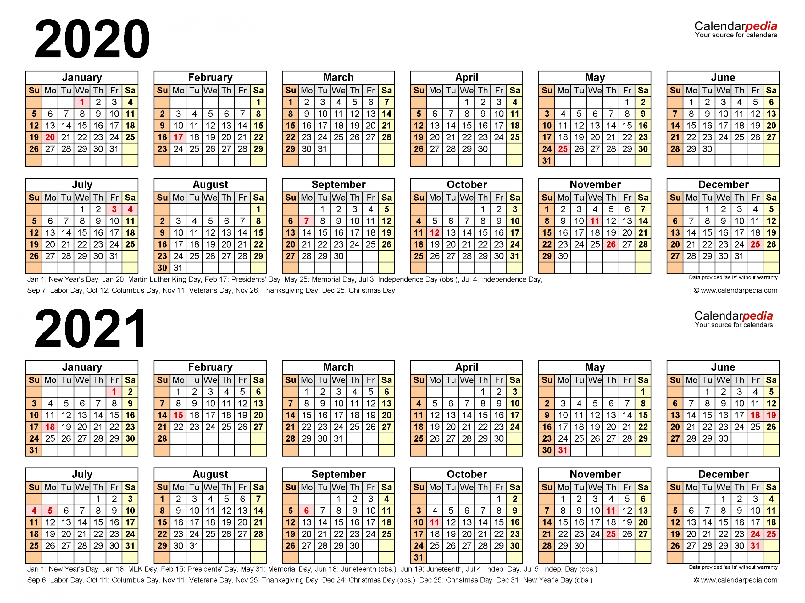 2020 2021 Two Year Calendar Free Printable Excel Templates