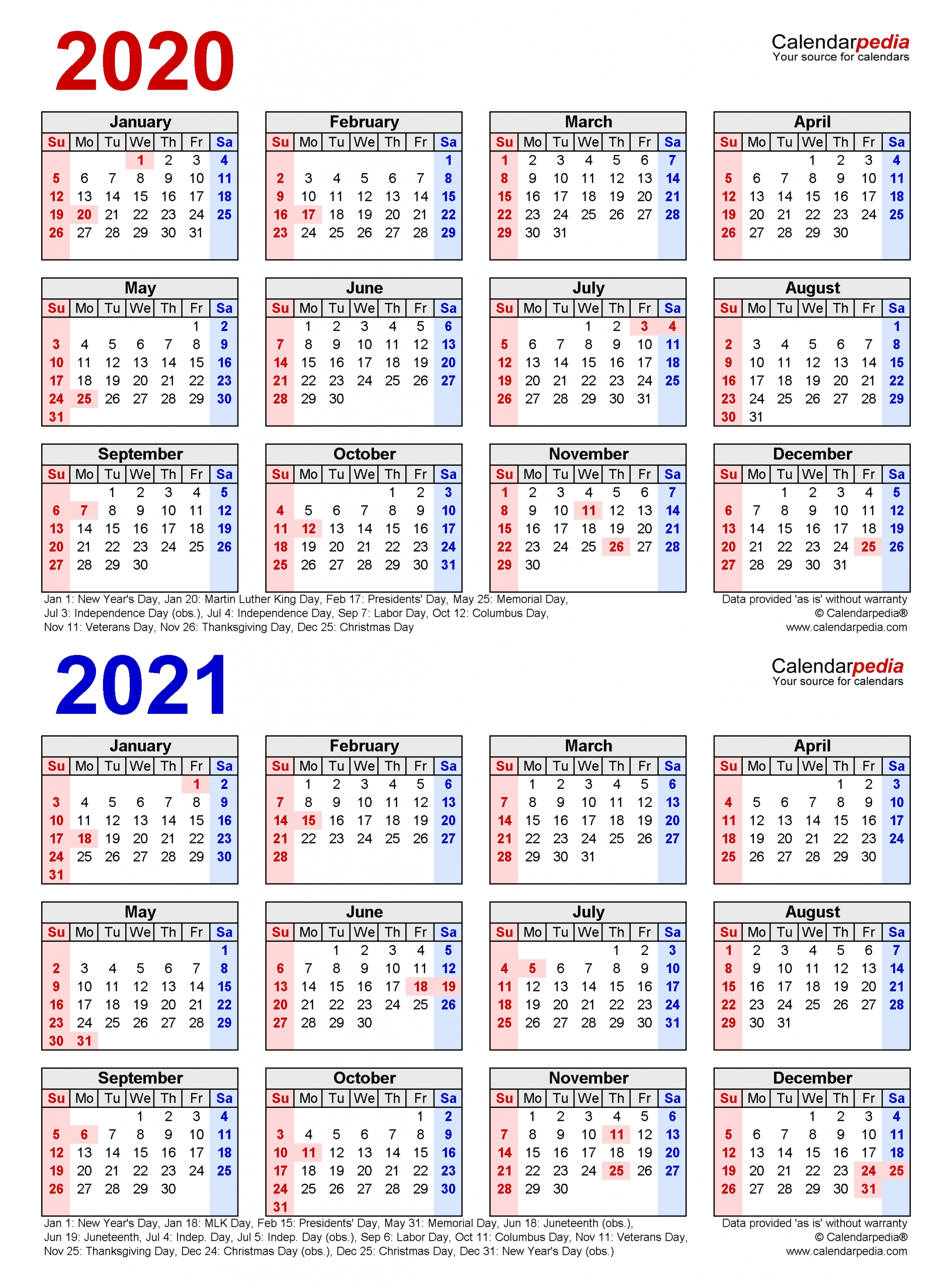 2020 2021 Two Year Calendar Free Printable Word Templates