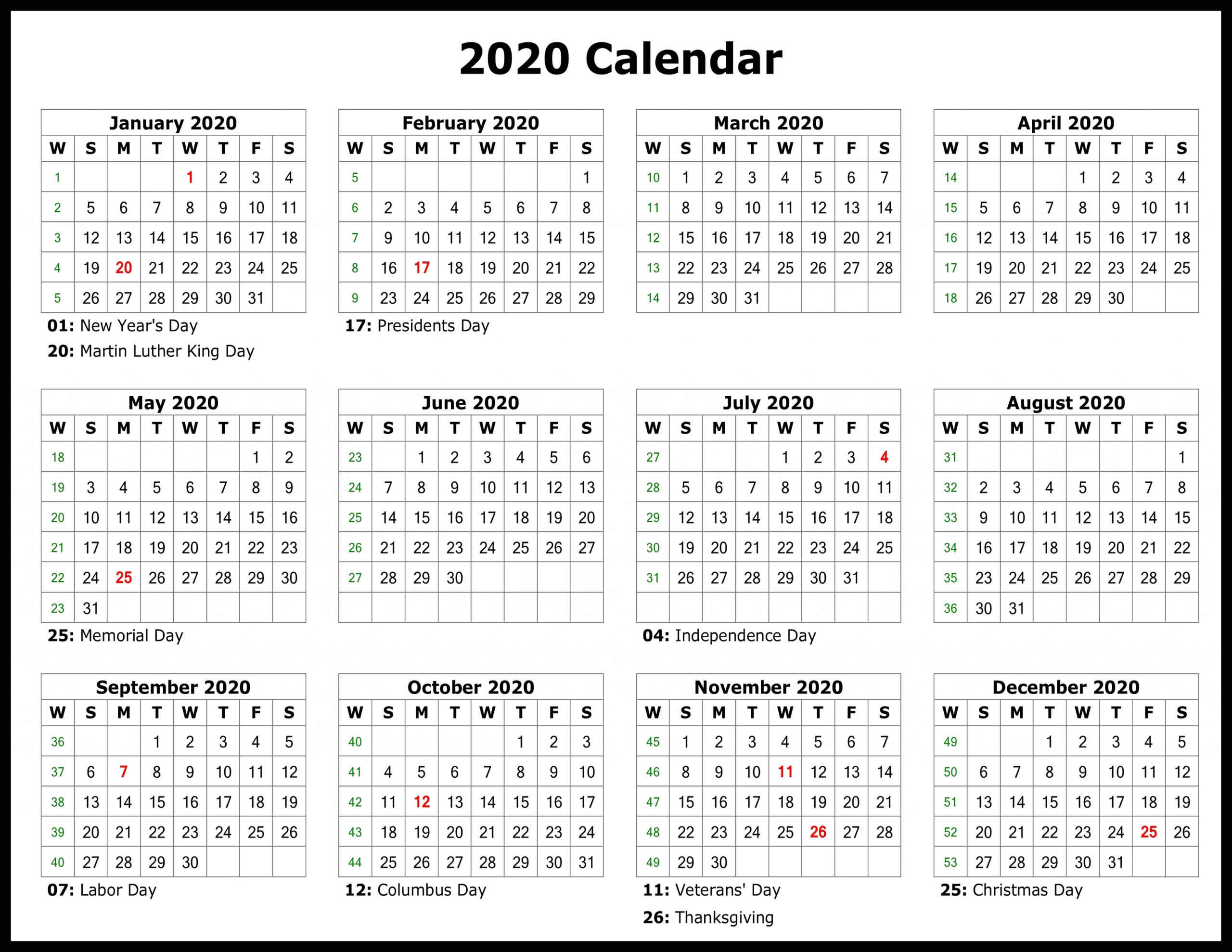 2020 Calendar You Can Edit | Month Calendar Printable